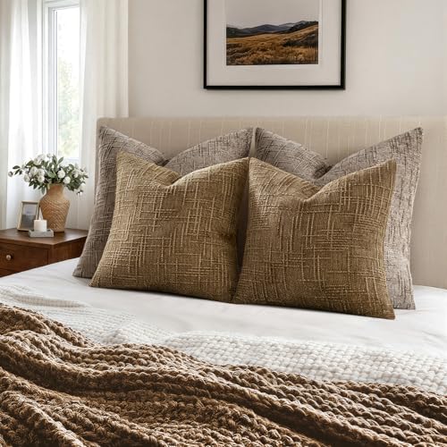 MIULEE Chenille Textured Fall Throw Pillow Covers Bronze 18x18 Set of 2 - color: Bronze, size: 18" x 18" (Pack of 2)