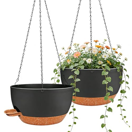 2 Pack 12 Inch Self‑Watering Hanging Planters Plant Pots, Black‑Brown - color: Black Brown