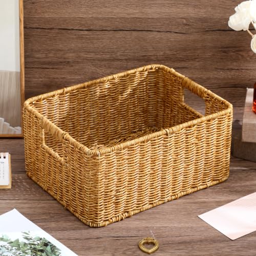 Hemobllo Imitation Woven Rattan Basket Desktop Storage Bin with Handles Large Capacity Shelf Organizer for Organizing Toys Pantry Sundries 13.38''