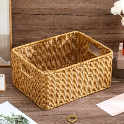Hemobllo Imitation Woven Rattan Basket Desktop Storage Bin with Handles Large Capacity Shelf Organizer for Organizing Toys Pantry Sundries 13.38''