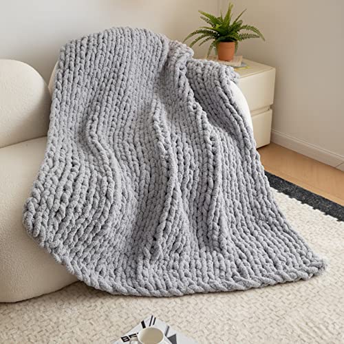 WESHIONGOO Chunky Knit Blanket Throw for Couch 51"×63" Light Grey - color: Light Grey, size: 51"x63"(Large Size Throw)
