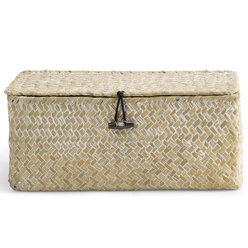 Nonam Small Wicker Basket with Lid,Seagrass Shelf Storage Basket,White - color: S-White
