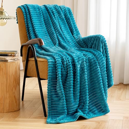 MIULEE Fleece Throw Blanket for Couch 300GSM Super Soft Lightweight Plush Striped Blanket, Teal Blue Warm Cozy Breathable Ribbed Blanket for Bed/Sofa, Throw Size 50"x60", Turquoise - color: Teal, size: 50"x60"