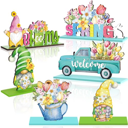 6 Pcs Spring Table Decorations Wood Tabletop Sign Spring Table Centerpieces Rustic Freestanding Tabletop for Home Restaurant Farmhouse Home Kitchen Shelves Party Decor(Gnome) - style: Gnome