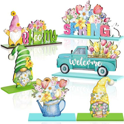6 Pcs Spring Table Decorations Wood Tabletop Sign Spring Table Centerpieces Rustic Freestanding Tabletop for Home Restaurant Farmhouse Home Kitchen Shelves Party Decor(Gnome) - style: Gnome