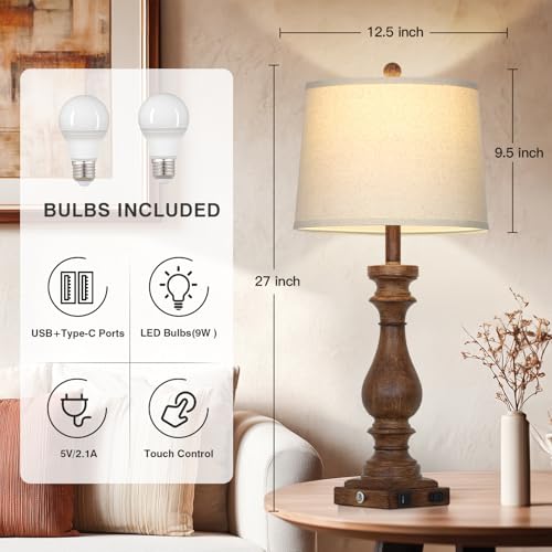 Cinkeda 29" Tall Farmhouse Table Lamp for Living Room Set of 2,Vintage Retro Nightstand Lamps with USB C+A Ports & AC Outlet,3-Way Dimmable Touch Bedside Lamp for Bedroom Side Table,Brown - color: Brown