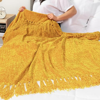 PAVILIA Chenille Throw Blanket, Knit Twin Size Tassel Throw, Yellow 60x80 - color: Mustard Yellow, size: 60 X 80 Inches - Twin