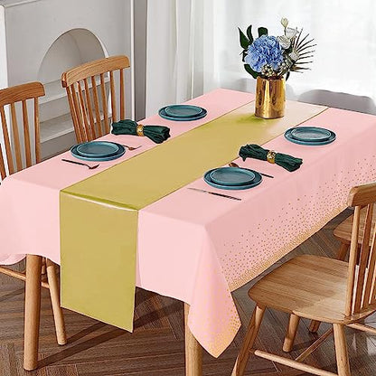 8Pack Disposable Plastic Tablecloths and Satin Table Runner Set Pink and Gold Dot Tablecloth Gold Satin Table Runner for Wedding Birthday Baby Shower Anniversary Christmas New Year Party Supplies - color: Pink and Gold, size: 8 Pack