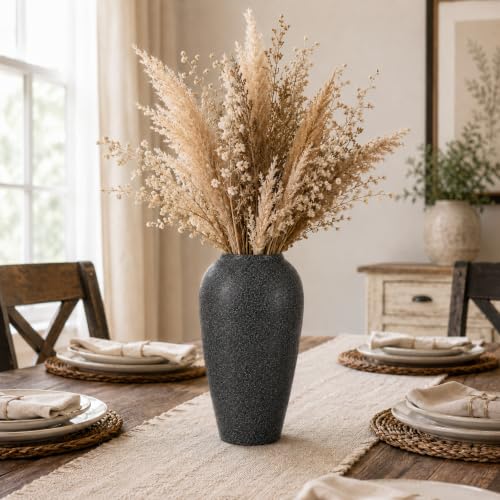 Rustic Ceramic Vase – 13.4" Large Black Ceramic Vase for Home Decor, Modern Terracotta Floor Vase for Living Room, Entryway, Kitchen, Black Vases for Centerpieces, Housewarming Gifts