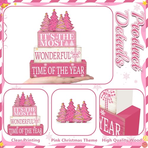 Britimes Pink Christmas Tiered Tray Decor Set, 4 Pack, Wooden Table Sign - style: Christmas Pink Tree