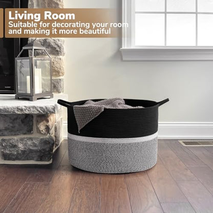CHICVITA Extra Large Woven Rope Blanket Basket with Handles, Black - color: Black and Gray