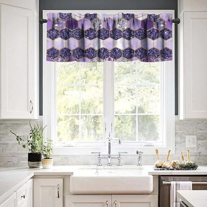 Purple Marble Valance, Abstract Gold Ombre Modern Luxury Diamond Honeycomb Geometric Romantic Print Blackout Short Window Curtain Treatment for Girls Bedroom Living Room, 54x18inch - color: Marble-22