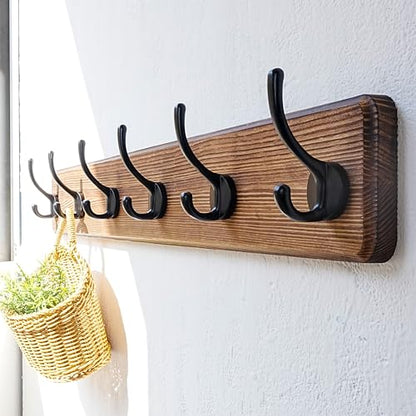 Dseap Coat Rack Wall: 24" Long, Patented, Heavy-Duty, 6-Double-Hooks Wooden Wall Mounted Coat Rack Coat Hanger Hook Rail for Winter Coats Hat Jacket Clothing, Natural & Black - color: Natural & Black, size: L=24"(1pcs)