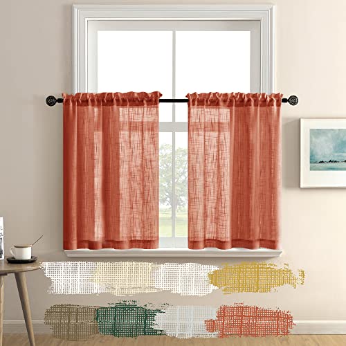 Burnt Orange Curtains 36 Inch Long for Bedroom 2 Panels Short Cafe Curtains Rod Pocket Tier Pumpkin Rust Boho Sheer Linen Small Window Treatment for Door Thanksgiving Kitchen Fall Room Decor Bathroom - color: Burnt Orange, size: 25"W x 36"L (Pack of 2)