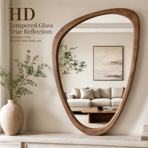 Asymmetrical Irregular Solid Wood Framed Wall Mirror, 20"x30" - color: Walnut, size: 30"L x 20"W