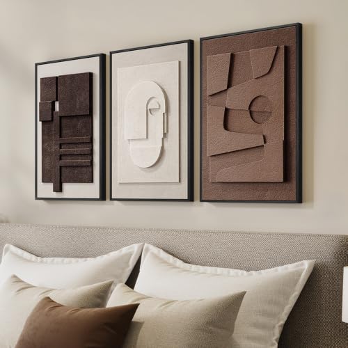 3D Textured Framed Brown and White Abstract Wall Art Set, 3 Piece 16x24 In - color: Brown White, size: 16"w X 24"h X 3pcs
