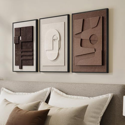 3D Textured Framed Brown and White Abstract Wall Art Set, 3 Piece 16x24 In - color: Brown White, size: 16"w X 24"h X 3pcs