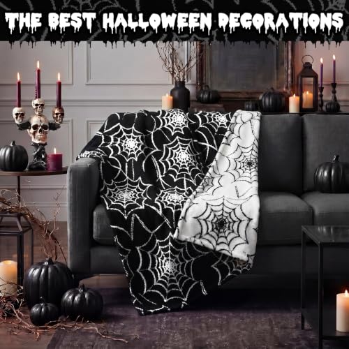 Halloween Gothic Spider Web Blanket Reversible Knit Throw Blanket - color: Black and White, style: Halloween Spiderwebs Blanket