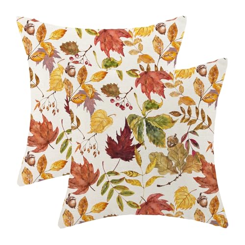 Fall Pillow Covers 18x18 Inch Set of 2 Colorful Maple Leaf Throw Pillow Covers Outdoor Autumn Thanksgiving Decoration Leaf Pillowcase Farmhouse Decorative Square Cushion Cover for Sofa Couch - color: Maple Leaf, size: 18" x 18" (Pack of 2)