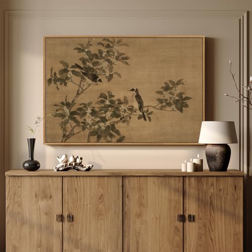 Framed Vintage Neutral Rustic Botanical Bird Chinoiserie wall art, 24x36 In - color: Beige A, size: 36"L x 24"W