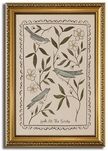 HNNXAR Gold Framed Wall Art Look at the Birds Canvas Art Botanical Bird Wall Decor Pictures Floral Paintings Bible Verse Prints Christian Artwork for Bedroom Living Room - color: Bird, size: 24"L x 16"W