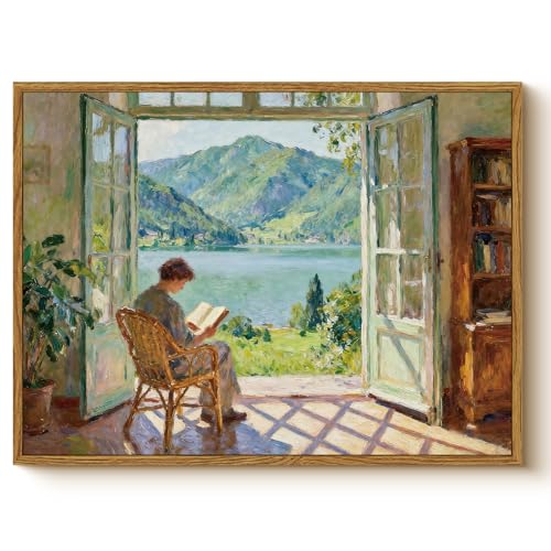 WHASAYART Vintage Framed Window Lake Landscape Reading Woman Wall Art 12x16 - color: Reading Time, size: 16"L x 12"W