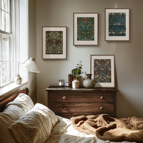 Framed William Morris Wall Art Set of 4, Vintage Botanical Floral Bird Prints, Retro Strawberry Thief Artwork for Living Room Bedroom Bathroom Office Dining Room, 12x16 Inch - color: Floral, size: 12" W x 16" H x 4Pcs