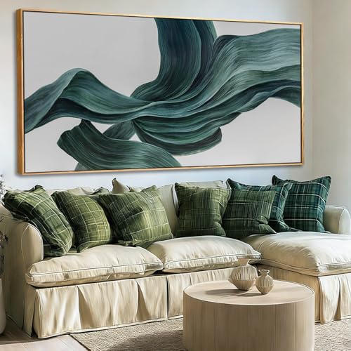 Green Abstract Canvas Wall Art 29x58 Inch, Large Framed Artwork with Wooden Frame, Pictures for Bedroom Wall Decor, Contemporary Fluid Brush Painting for Living Room Dining Room or Hallway - color: Teal Green & White, size: 58"L x 29"W