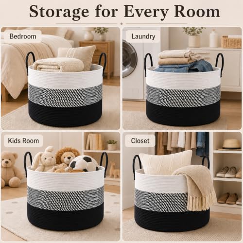 JMvicyroam 65L Extra Large Machine Washable Cotton Rope Blanket Basket - color: White&Black Mix, size: 65L