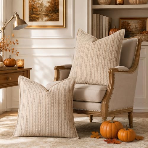 a moment Khaki Designer Textured Throw Pillow Covers 20x20 Set of 2 Vertical Striped Chenille Cushion Covers Decorative Pillowcases for Couch Sofa Bed Living Room Boho Farmhouse Home Decor - color: Khaki, size: 20" x 20" (Pack of 2)