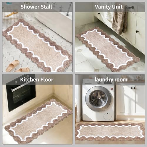 Cute Scalloped Beige Bathroom Rug Runner,Non Slip Absorbent 17"x47" - color: Beige, size: 2' x 4'11" (Rectangular)