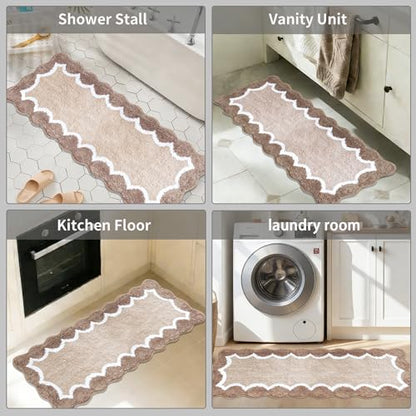 Cute Scalloped Beige Bathroom Rug Runner,Non Slip Absorbent 17"x47" - color: Beige, size: 2' x 4'11" (Rectangular)