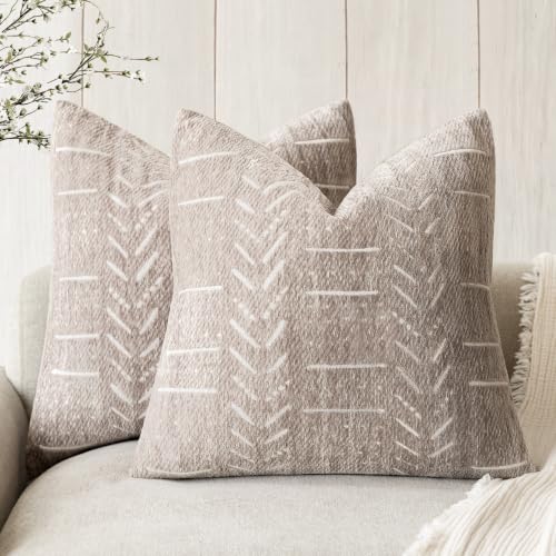 Foindtower Set of 2 Decorative Chenille Jacquard Throw Pillow Covers Textured Farmhouse Vintage Cushion Cover Neutral Boho Accent Home Decor For Sofa Chair Couch Bed Living Room,18×18 Inch,Light Taupe - color: Mushroom, size: 18" x 18" (Pack of 2)