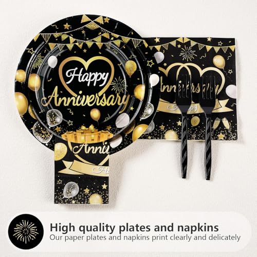Greencian 96 Pcs Black and Gold Anniversary Party Decorations，Serves 24 - style: Happy Anniversary Kit
