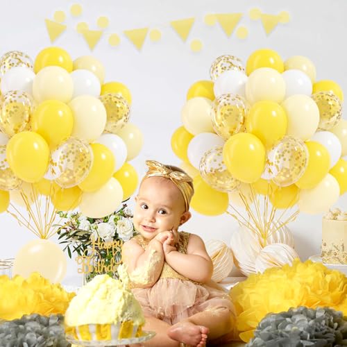 60pcs Yellow and White Balloons 12inch with Gold Confetti Balloons - color: Pastel Yellow
