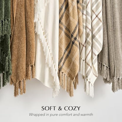 EverGrace Plaid Chenille Queen Blanket for Bed, 90"x90", Beige - color: Plaid Beige & White, size: 90"x90"