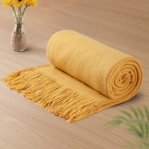 Vonty Mustard Yellow Knitted Throw Blanket with Tassels, 50x60 Acrylic - color: Yellow, size: 50" x 60"