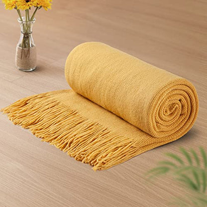 Vonty Mustard Yellow Knitted Throw Blanket with Tassels, 50x60 Acrylic - color: Yellow, size: 50" x 60"
