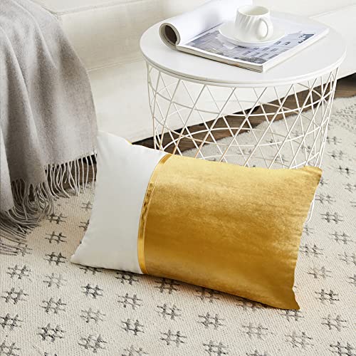 Fancy Homi 2 Pack Gold Lumbar Throw Pillow Covers 12x20 Inch for Couch, Velvet Patchwork with Gold Leather, Luxury Modern Home Decor, Rectangular Cushion Case 30x50 cm - color: Gold, size: 20" x 12" (Pack of 2)