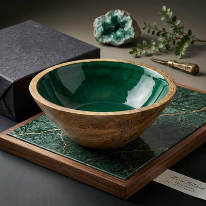 Green Wooden Decorative Bowl, Mango Wood Bowl Decor, High-Gloss Interior