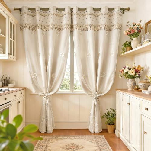 Amidoudou 1 Pair European Double Layer Curtains for Living Room Bedroom Luxury Flower Embroidered Curtains with Valance (Beige,52x102 Inch) - color: Beige, size: 52"W x 102"L (Pack of 2)