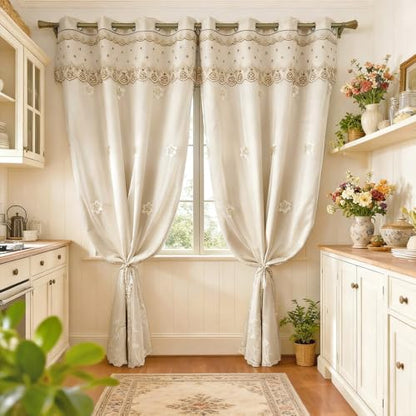 Amidoudou 1 Pair European Double Layer Curtains for Living Room Bedroom Luxury Flower Embroidered Curtains with Valance (Beige,52x102 Inch) - color: Beige, size: 52"W x 102"L (Pack of 2)