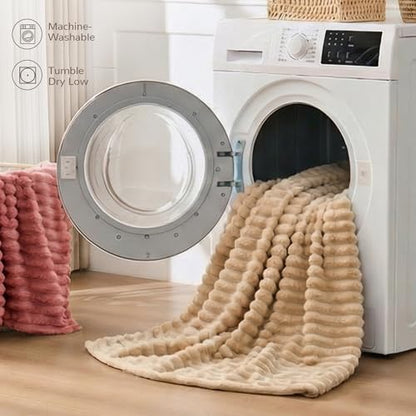 330GSM Ribbed Fleece Queen Blanket for Bed, Light Brown, 90"x90" - color: Light Brown, size: Queen(90"x90")