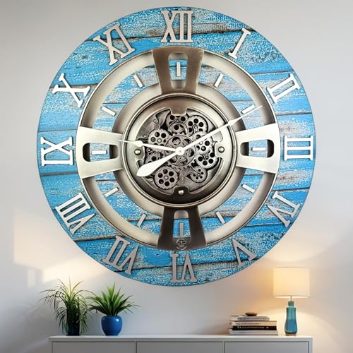 ImprovingLife The Gears Clock Real Moving Gear Wall Clock England Line (Ocean Blue, 36 inches (90 cm)) - color: Ocean Blue, size: 36 inches (90 cm)