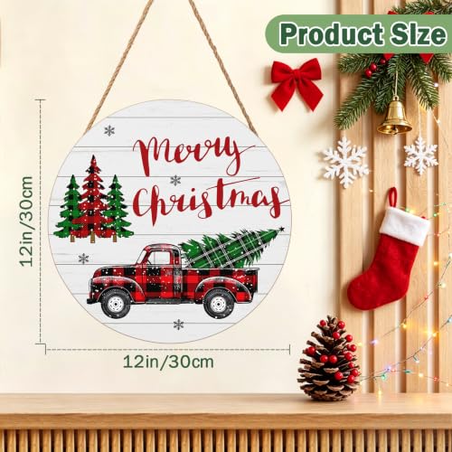 Merry Christmas Door Sign,ChristmasTree Decorations Wooden Holiday Hanging Sign for Front Door, Winter Decorations for Home Garden Christm New Year 12"x12" - color: Christmas-style truck