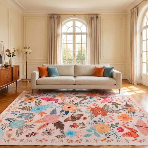 ThreadGlobe Patterned Washable 6x9 Area Rugs Modern for Living Room, Beige - color: Beige Flower, size: 6' x 9'