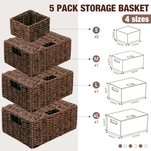 Yookeer 5 Pcs Woven Storage Basket Wicker Bin Plastic Rattan Brown - color: Brown
