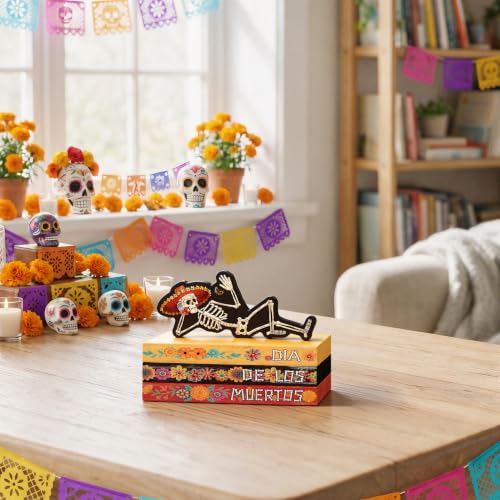 Smile Dia de Los Muertos Wooden Book Stack Decor - style: Muertos