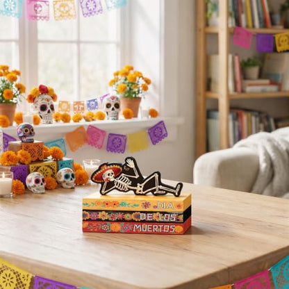 Smile Dia de Los Muertos Wooden Book Stack Decor - style: Muertos