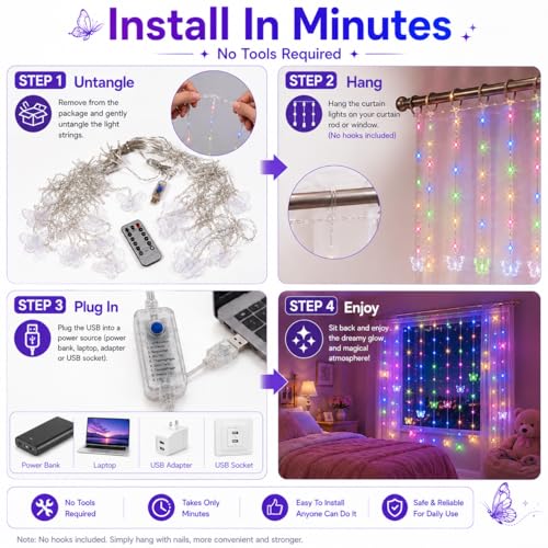 Butterfly Curtain Fairy Lights USB Plug in,8 Modes 120 LED 19.7FT Firefly Twinkle Timer String Lights with Remote, Waterproof Copper Wire for Bedroom Patio Christmas Wedding Party (Multi-new) - color: Multi-new